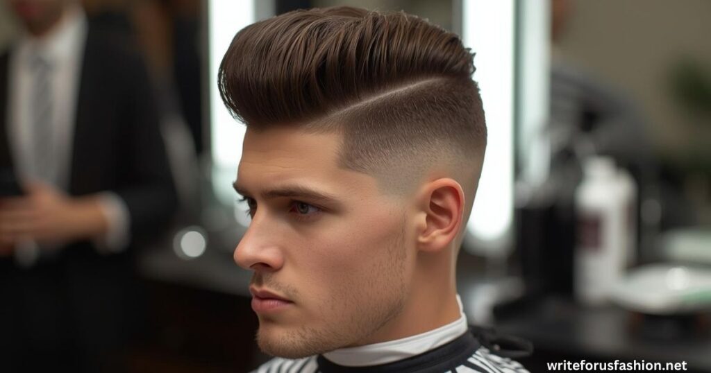 Sharp High Taper Fade with Quiff or Pompadour